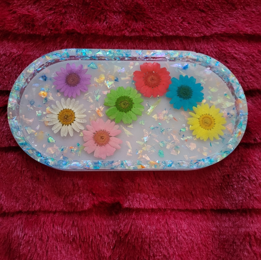 Floral Trinket Jewelry Box Yellow Red White Blue Dried Flowers
